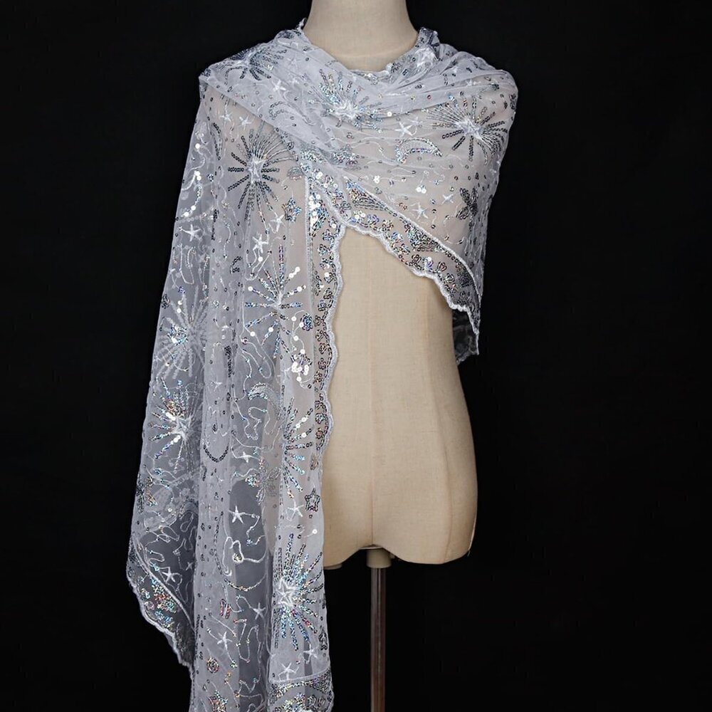 Women's Silver Sequin Mesh Wrap Scarf Shawl Evening Party Wrap 80 Characters - Picture 6 of 9